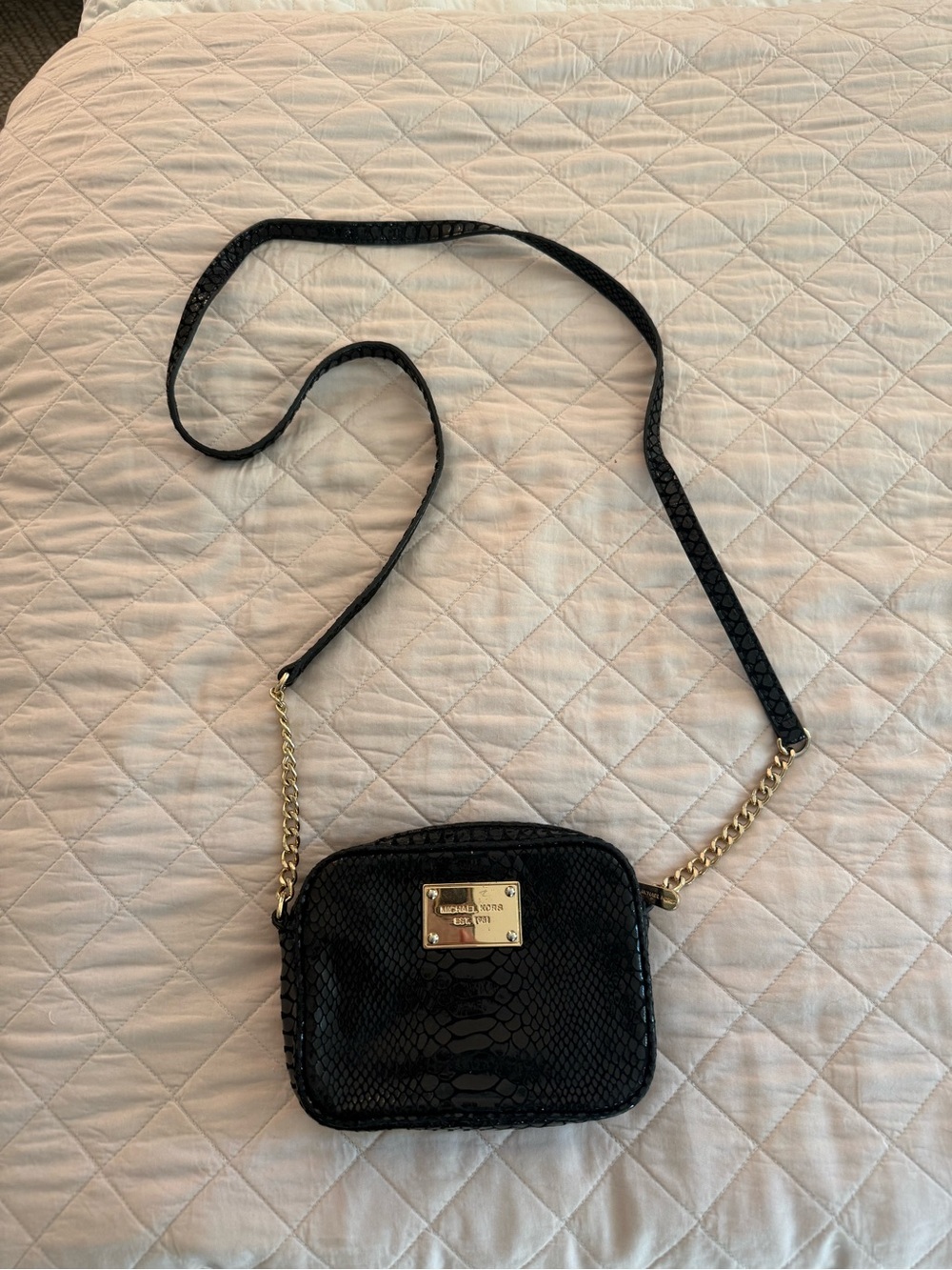 Michael Kors Black Snake-Embossed Crossbody with Gold Plate